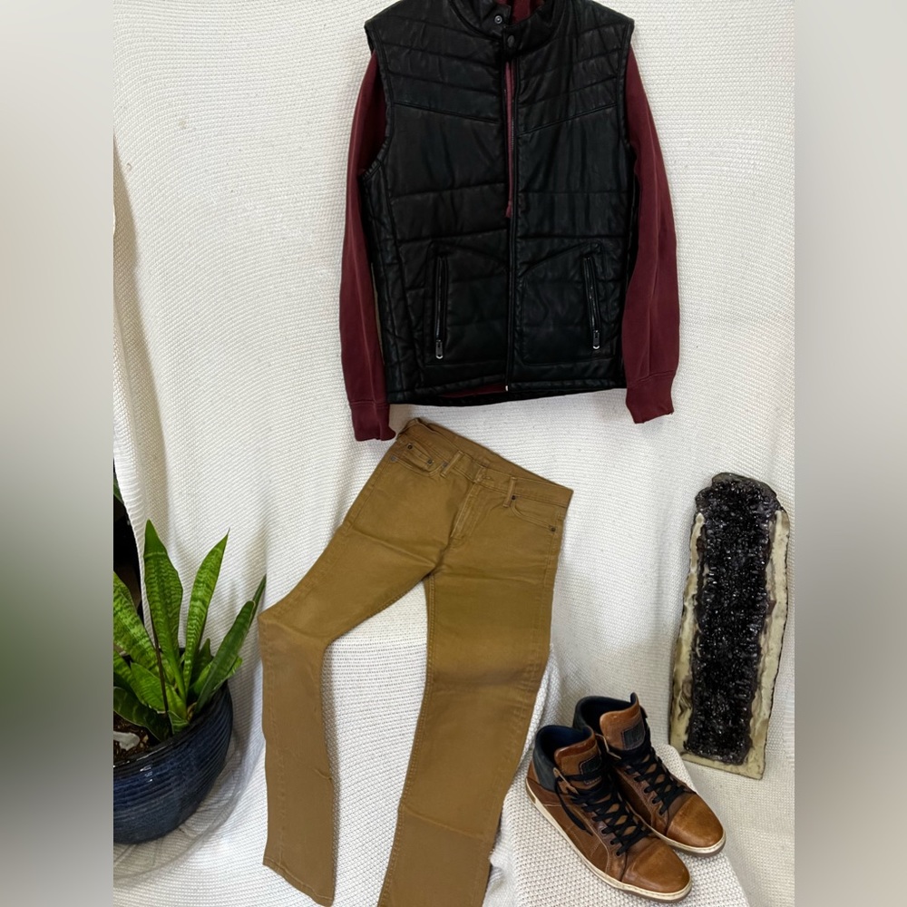 Faux leather zip up vest (all articles of clothing pictured for sale)